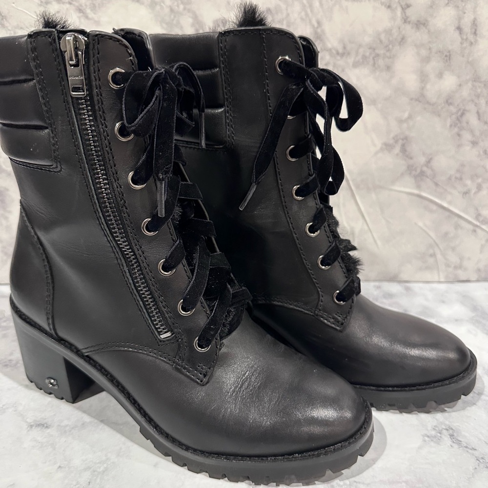 Coach Boots Womens 7.5 Black Leather Jenna Block Heel Lace Up Combat Faux Fur